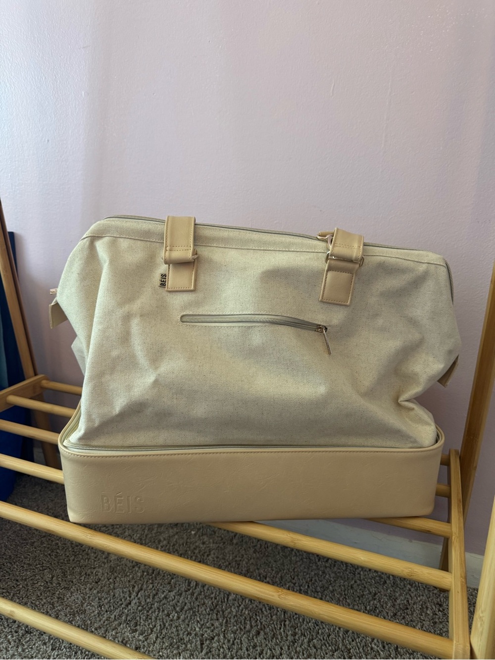 BEIS Sand Canvas & Tan Leather-Trim Weekender Bag